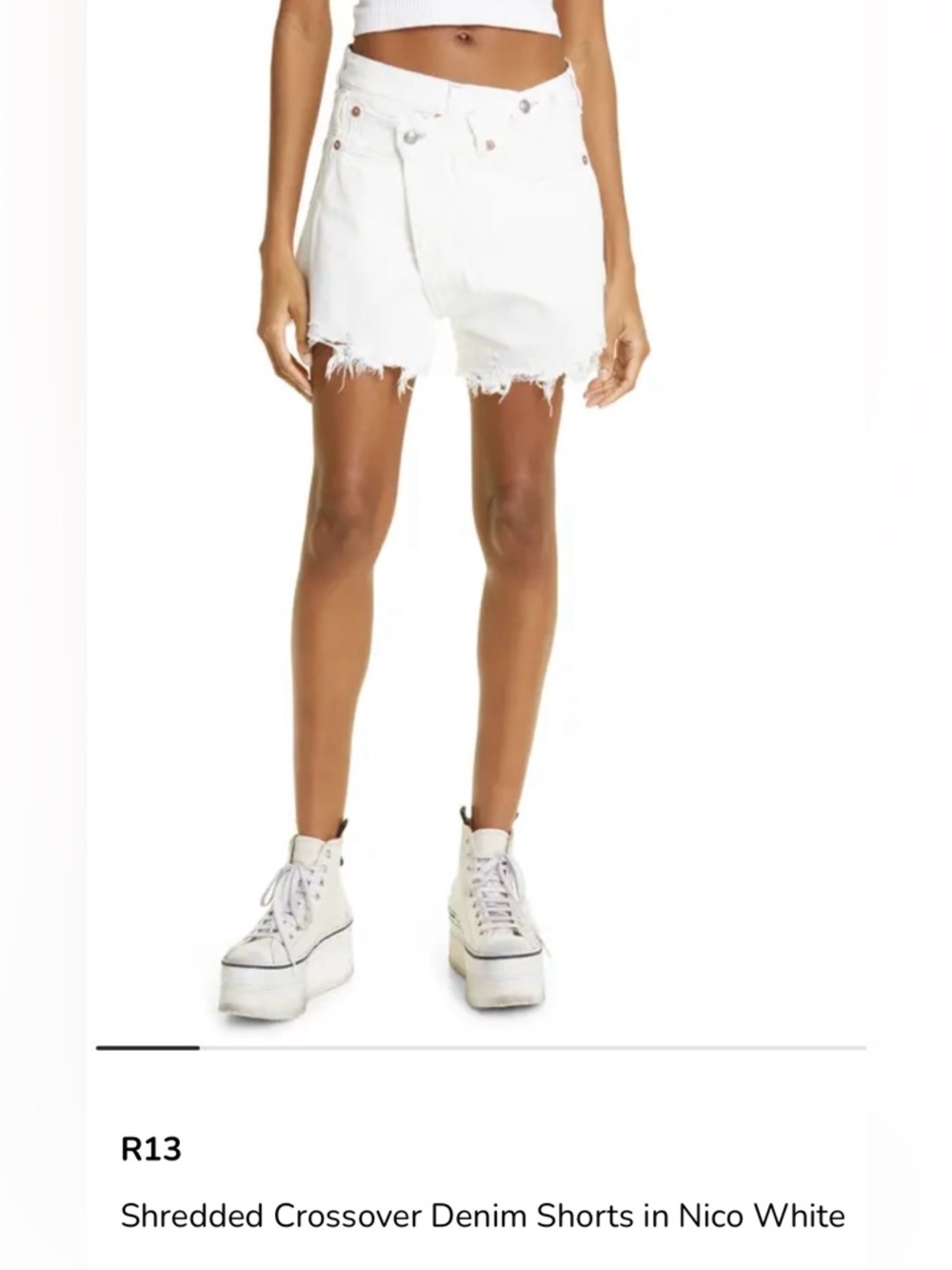 R13 shredded crossover denim shorts